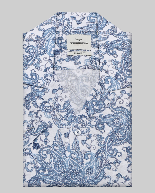 'БЯЛА РИЗА ТИП ХАВАЙСКА С КОНТРАСТЕН АРТ ПРИНТ В СИНЬО