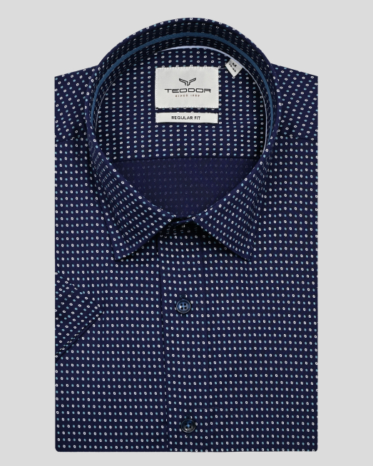 'ТЪМНОСИНЯ РИЗА С КЪС РЪКАВ ОТ ФИН ПАМУК В  КОНТРАСТЕН ДЕСЕН