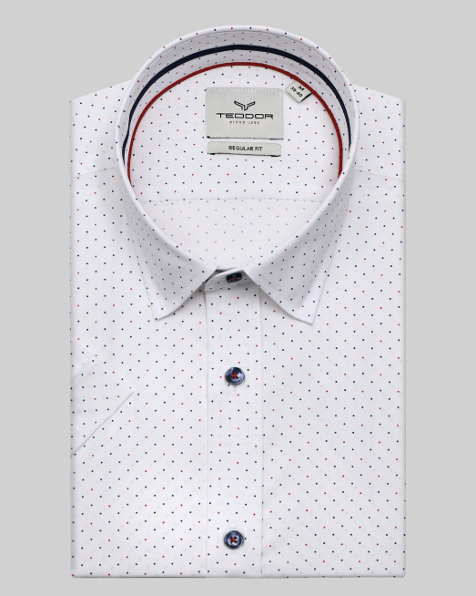 'БЯЛА РИЗА С КЪС РЪКАВ ОТ ФИН ПАМУК В  КОНТРАСТЕН ДЕСЕН НА ТОЧКИ