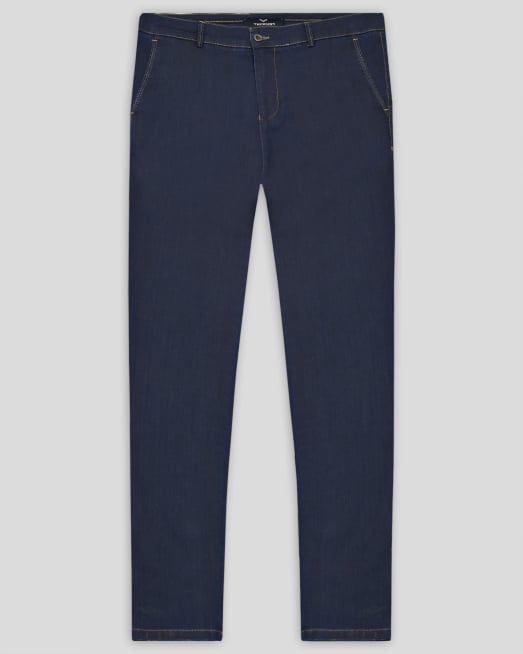 'ТЪМНОСИН ЧИНО ПАНТАЛОН С КОНТРАСТНИ ШЕВОВЕ И ЛОГО АКСЕСОАР