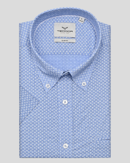 'СИНЯ  РИЗА С КЪС РЪКАВ В КОНТРАСТЕН ДЕСЕН НА ЦВЕТЯ 