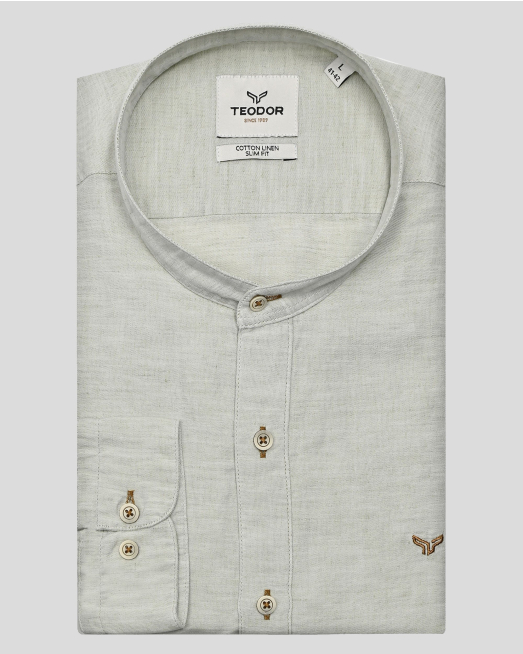 'СВЕТЛОЗЕЛЕНА РИЗА ОТ ПАМУК И ЛЕН С ПОПСКА ЯКА И НАВИВАЩИ СЕ РЪКАВИ