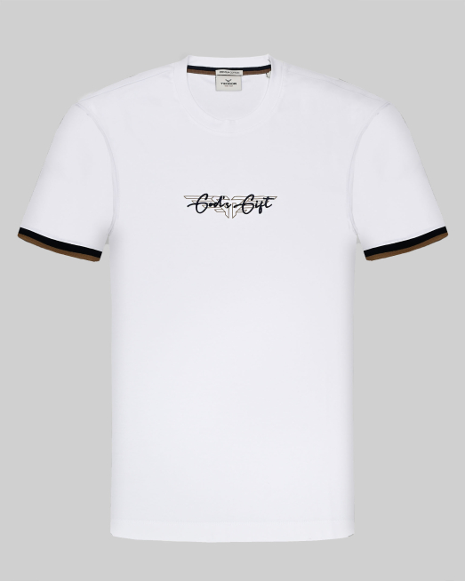 'БЯЛА ТЕНИСКА С ЕФЕКТЕН ЛОГО ПРИНТ И БРОДЕРИЯ С НАДПИС GOD`s GIFT