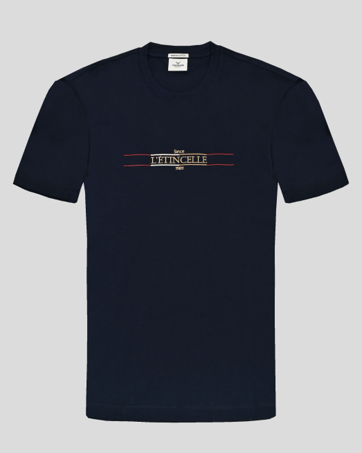 'ТЪМНОСИНЯ ТЕНИСКА ОТ PREMIUM ПАМУК С КОНТРАСТНА РЕЛЕФНА БРОДЕРИЯ 