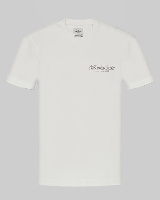 'БЯЛА ТЕНИСКА ОТ PREMIUM ПАМУК С ЕФЕКТЕН ПРИНТ НА ПРЕДНА ЧАСТ И ГРЪБ