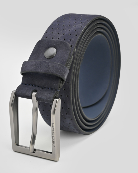 'ИНДИГОВО СИН КОЛАН ОТ ЕСТЕСТВЕНА КОЖА НАБУК С МЕТАЛНА КАТАРАМА И ЛОГО