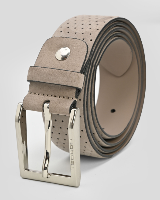 'СИВО-БЕЖОВ КОЛАН ОТ ЕСТЕСТВЕНА КОЖА НАБУК С МЕТАЛНА КАТАРАМА И ЛОГО