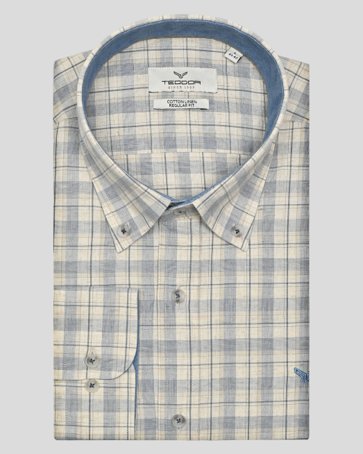 'ДВУЦВЕТНА РИЗА КАРЕ В СИНЬО И БЕЖОВО С КОНТРАСТНА ГАРНИТУРА И ЛОГО