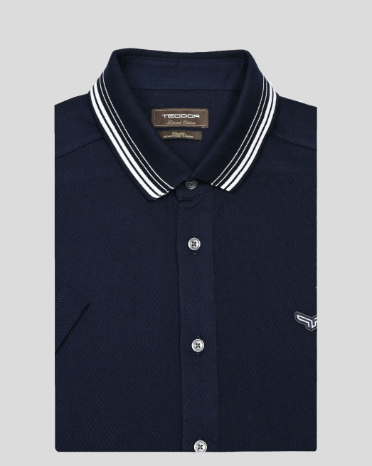 'ТЪМНОСИНЯ РИЗА С КЪС РЪКАВ ОТ ДВОЙНО МЕРСЕРИЗИРАНО СТРУКТУРНО  ТРИКО  