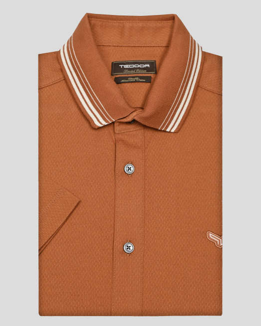 'ОРАНЖЕВА РИЗА С КЪС РЪКАВ ОТ ДВОЙНО МЕРСЕРИЗИРАНО СТРУКТУРНО  ТРИКО  