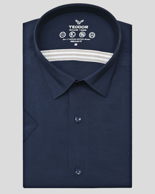 'ТЪМНОСИНЯ РИЗА ОТ МОДАЛ И ПАМУК С КЪС РЪКАВ И ТОНАЛНА БРОДЕРИЯ ЛОГО