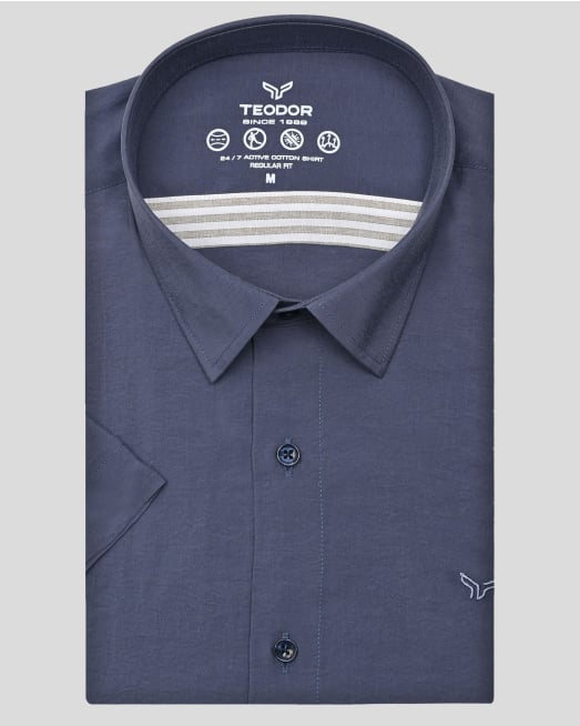 'ИНДИГОВО СИНЯ РИЗА ОТ МОДАЛ И ПАМУК С КЪС РЪКАВ И БРОДЕРИЯ ЛОГО