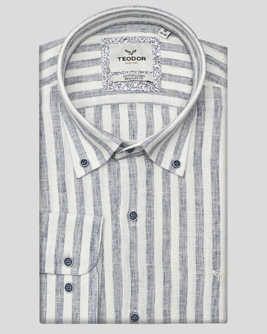 'ДВУЦВЕТНА РАИРАНА РИЗА ОТ ПАМУК И ЛЕН В ТЪМНОСИНЬО И БЯЛО