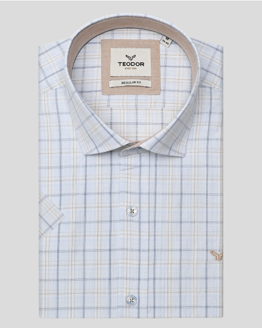 'МНОГОЦВЕТНА КАРИРАНА РИЗА С КЪС РЪКАВ СВОБОДЕН СИЛУЕТ