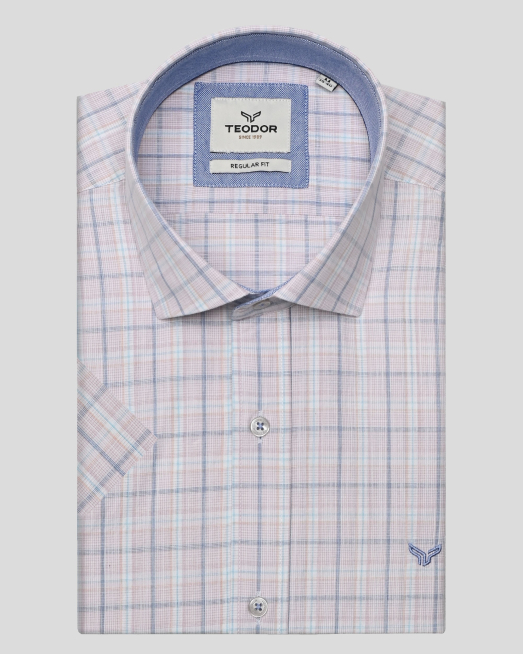 'МНОГОЦВЕТНА КАРИРАНА РИЗА С КЪС РЪКАВ И ГАРНИТУРА НА ЯКАТА 