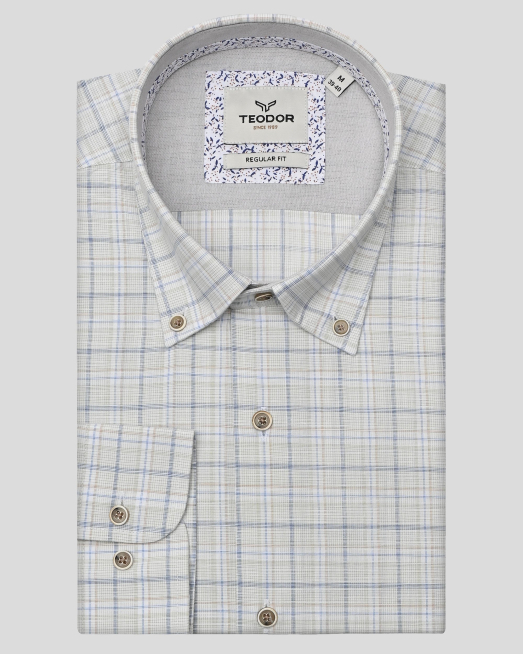 'МНОГОЦВЕТНА КАРИРАНА РИЗА С КОПЧЕТА НА ЯКАТА И КОНТРАСТНА ГАРНИТУРА