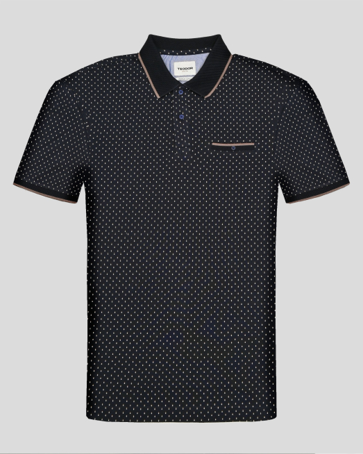 'ТЪМНОСИНЯ  ПОЛО ТЕНИСКА ОТ PREMIUM ПАМУК В СИТЕН КОНТРАСТЕН ПРИНТ 