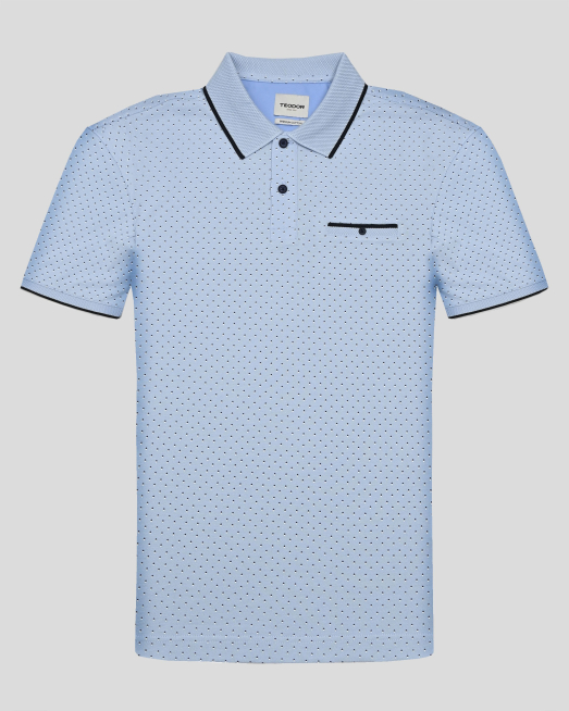 'СВЕТЛОСИНЯ ПОЛО ТЕНИСКА ОТ PREMIUM ПАМУК В СИТЕН КОНТРАСТЕН ПРИНТ 