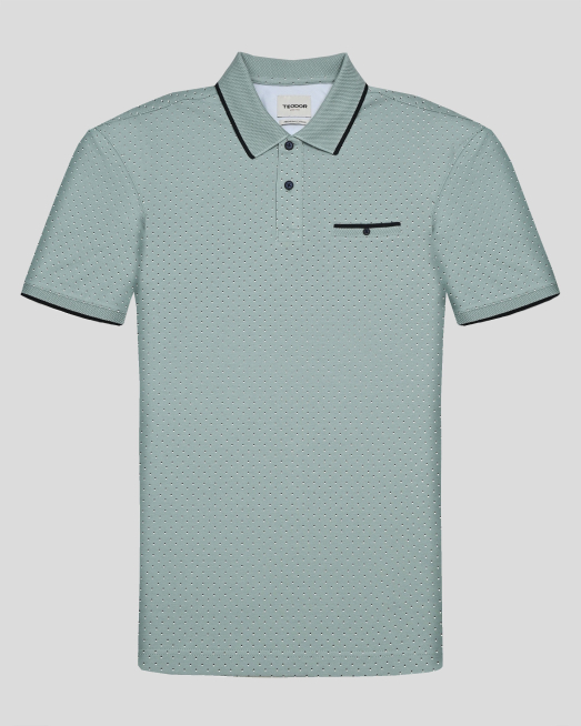 'СВЕТЛОЗЕЛЕНА ПОЛО ТЕНИСКА ОТ PREMIUM ПАМУК В СИТЕН КОНТРАСТЕН ПРИНТ 