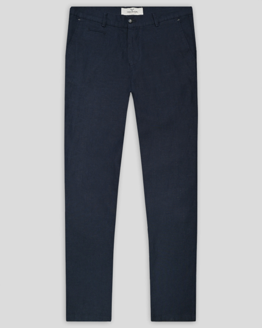 'ТЪМНОСИН ЛЕНЕН ПАНТАЛОН С ИТАЛИАНСКИ ДЖОБ И КОЖЕН ЛОГО АКСЕСОАР