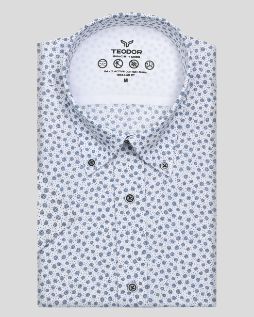 'БЯЛА РИЗА В КОНТРАСТЕН ФЛОРАЛЕН ДЕСЕН С КОПЧЕТА НА ЯКАТА 