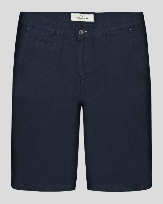 'ТЪМНОСИНИ ЛЕНЕНИ БЕРМУДИ С ИТАЛИАНСКИ ДЖОБ И ЛОГО АКСЕСОАР