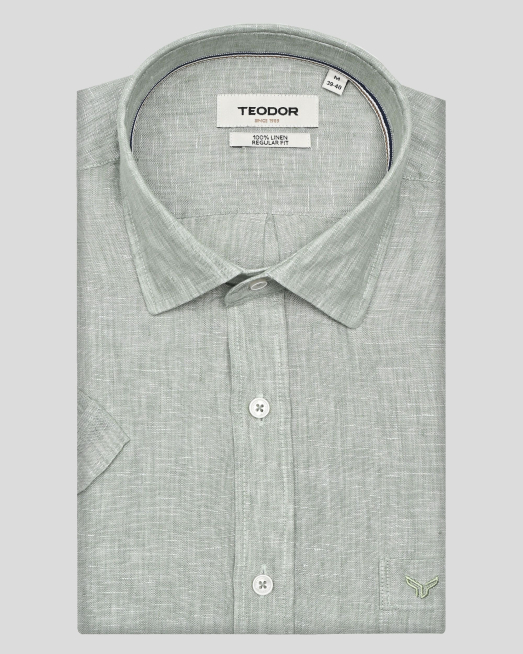 'СВЕТЛОЗЕЛЕНА ЛЕНЕНА РИЗА МЕЛАНЖ С КЪС РЪКАВ И ЛОГО