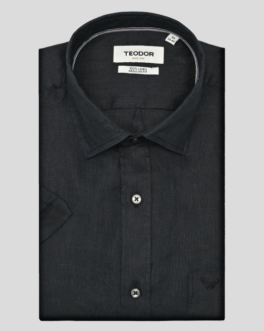 'ЧЕРНА ЛЕНЕНА РИЗА С КЪС РЪКАВ И ДЖОБ НА ГЪРДИТЕ