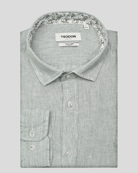 'СВЕТЛОЗЕЛЕНА ЛЕНЕНА РИЗА МЕЛАНЖ С НАВИВАЩИ СЕ РЪКАВИ И ЛОГО