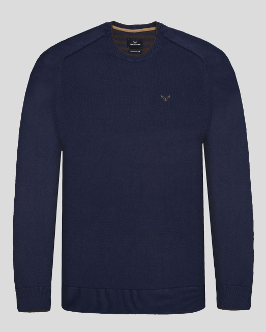 'ТЪМНОСИН ПУЛОВЕР ОТ PREMIUM ПАМУК С КОНТРАСТНА ПЛАТКА И БРОДЕРИЯ ЛОГО