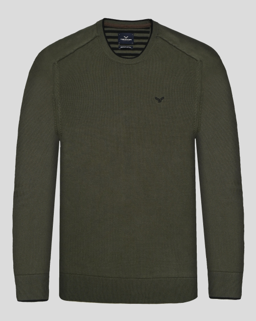 'ТЪМНОЗЕЛЕН ПУЛОВЕР ОТ PREMIUM ПАМУК С КОНТРАСТНА ПЛАТКА И  ЛОГО