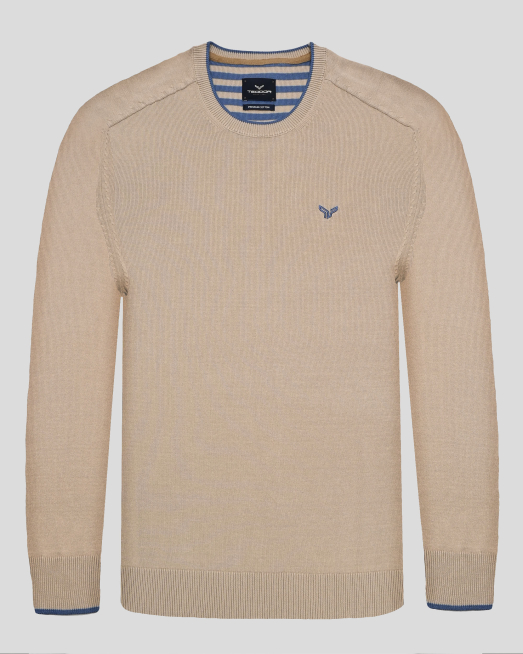 'БЕЖОВ ПУЛОВЕР ОТ PREMIUM ПАМУК С КОНТРАСТНА ПЛАТКА И БРОДЕРИЯ ЛОГО