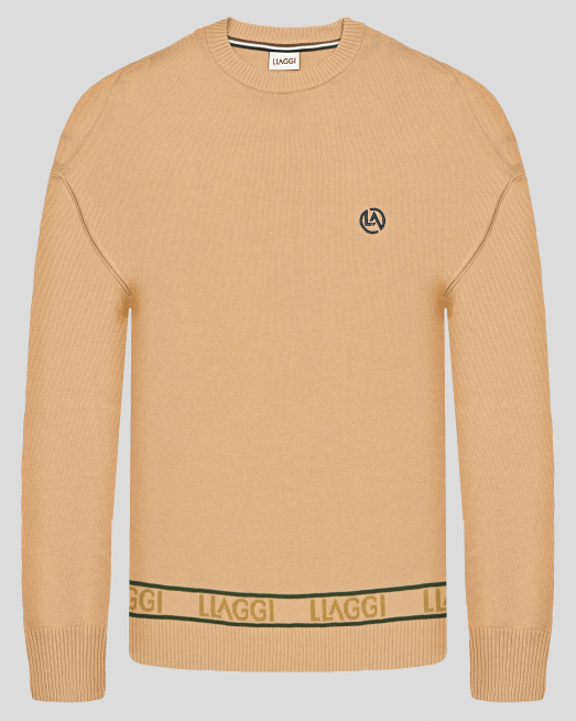 'БЕЖОВ ОВЪРСАЙЗ ПУЛОВЕР С БРАНДИРАНА КОНТРАСТНА ЛЕНТА  