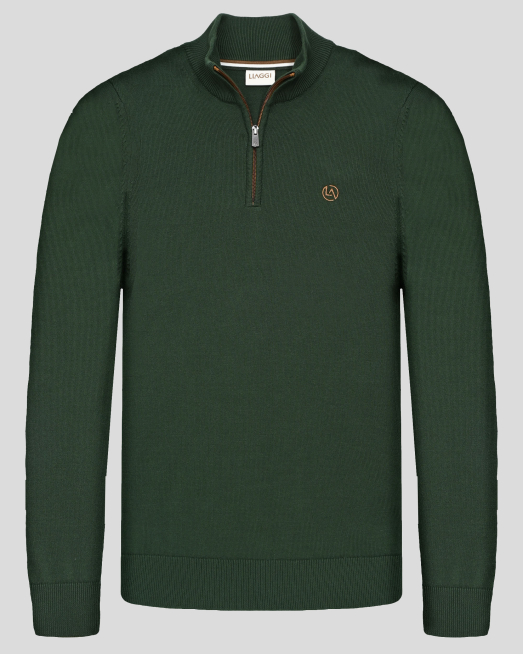 'ТЪМНОЗЕЛЕН ПУЛОВЕР ТИП ПОЛУПОЛО С КЪС ЦИП И БРОДЕРИЯ ЛОГО