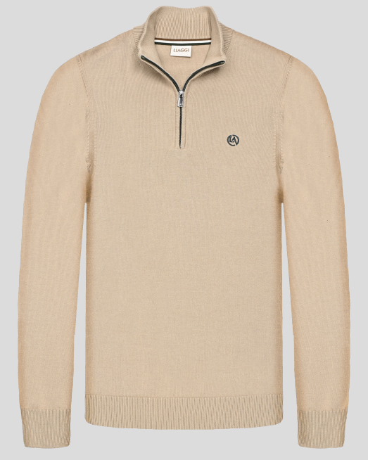 'БЕЖОВ ПУЛОВЕР ТИП ПОЛУПОЛО С КЪС ЦИП И БРОДЕРИЯ ЛОГО