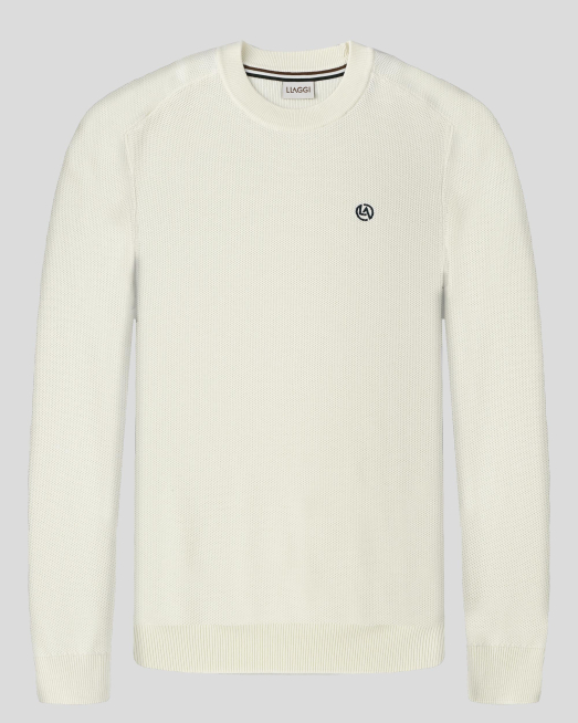 'ПУЛОВЕР В ЦВЯТ ЕКРЮ СЪС СТРУКТУРНА ПЛЕТКА И  КОНТРАСТНА БРОДЕРИЯ ЛОГО 