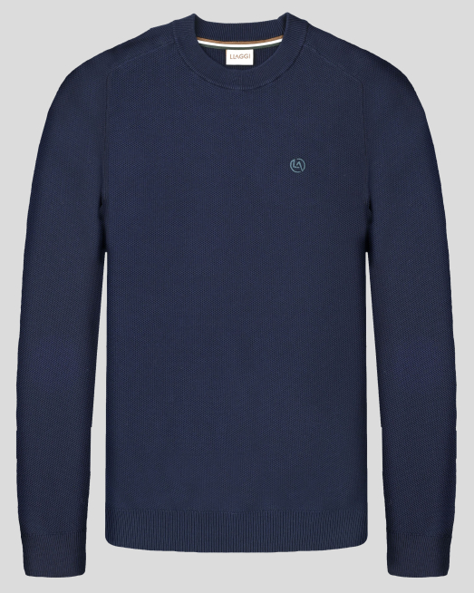 'ТЪМНОСИН ПУЛОВЕР СЪС СТРУКТУРНА ПЛЕТКА И  КОНТРАСТНА БРОДЕРИЯ ЛОГО   