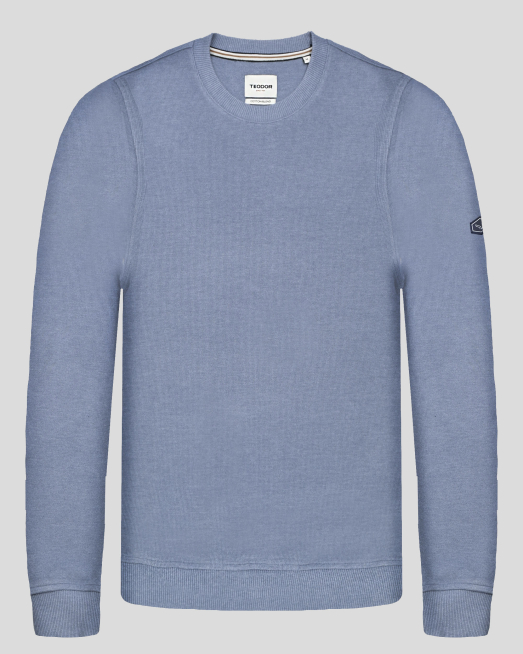 'СИНЯ БЛУЗА ОТ ПАМУЧНА МАТЕРИЯ С ОБЛО ДЕКОЛТЕ И ЛОГО НА РЪКАВ 