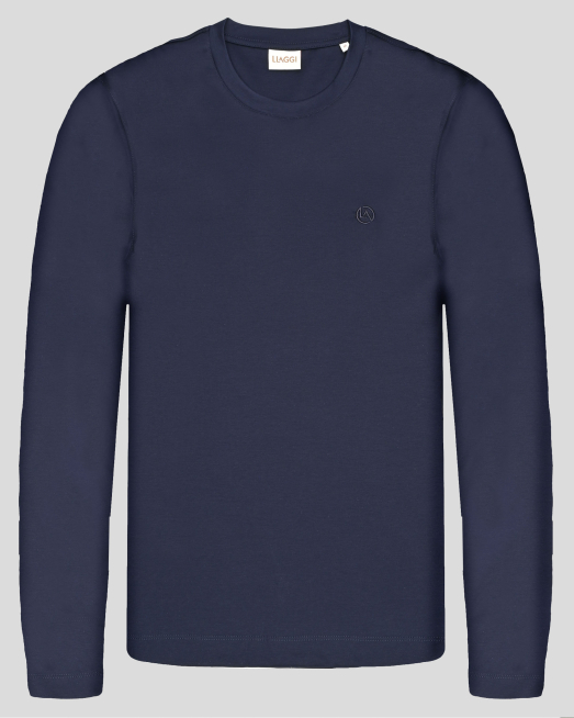 'ТЪМНОСИНЯ БЛУЗА ТРИКО С ОБЛО ДЕКОЛТЕ И ТОНАЛНА БРОДЕРИЯ ЛОГО