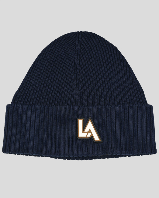 ' ТЪМНОСИНЯ ПЛЕТЕНА ШАПКА С ТРИЦВЕТНО ГУМИРАНО ЛОГО