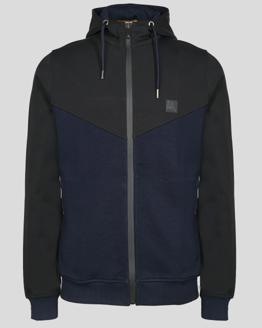 'ДВУЦВЕТЕН СУИТШЪРТ С КАЧУЛКА В ЧЕРНО И ТЪМНОСИНЬО