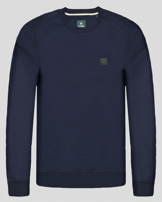 ' ТЪМНОСИНЯ БЛУЗА СЪС ЗАОБЛЕНО РАМО И ГУМИРАНО ЛОГО