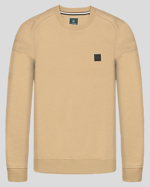 ' БЛУЗА СЪС ЗАОБЛЕНО РАМО И ГУМИРАНО ЛОГО В ЦВЯТ КАМЕЛ