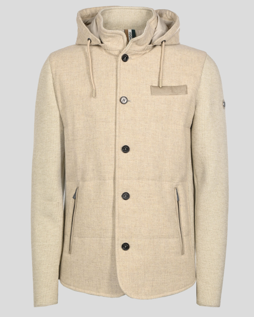 'БЕЖОВО КЪСО ПАЛТО С ПЛЕТЕНИ РЪКАВИ И КАЧУЛКА