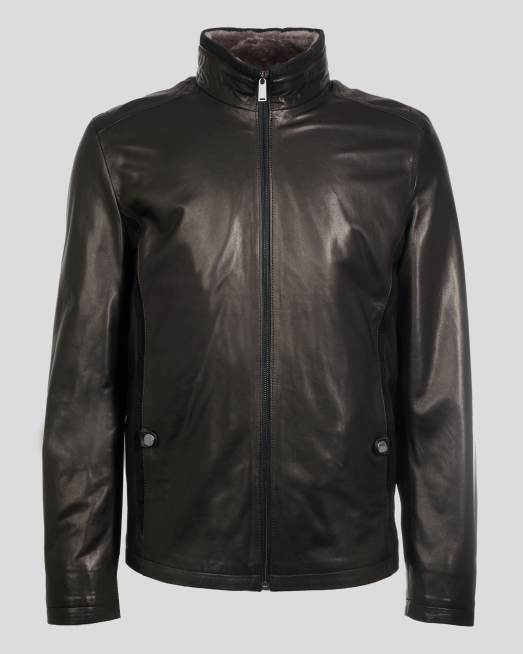 ' ЧЕРНО ЯКЕ ОТ ГЛАДКА АГНЕШКА КОЖА С ПОДПЛАТА ОТ ЕСТЕСТВЕНА ОВЧА ВЪЛНА