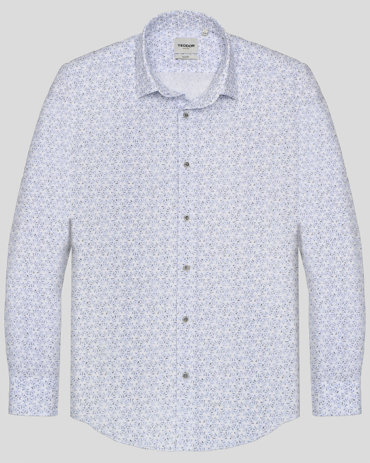 'ПАМУЧНА РИЗА С ФИГУРАЛНИ ЕЛЕМЕНТИ  В БЯЛО И СИНЬО ВТАЛЕН СИЛУЕТ