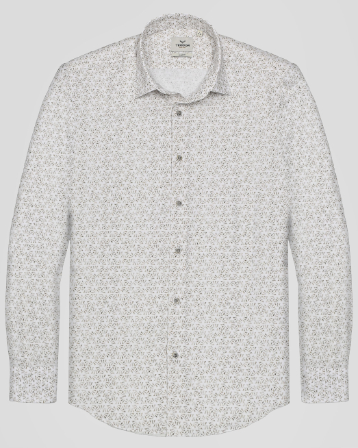 'ПАМУЧНА РИЗА С ФИГУРАЛНИ ЕЛЕМЕНТИ В БЯЛО И БЕЖОВО ВТАЛЕН СИЛУЕТ