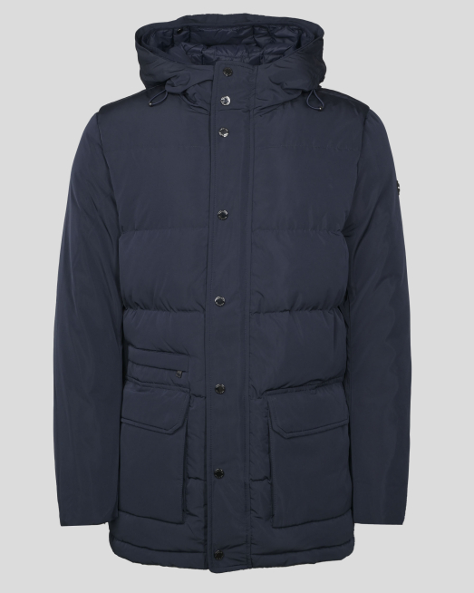 'ТЪМНОСИНЬО КАПИТОНИРАНО ЯКЕ ТИП ПАРКА С ДВОЙНА КАЧУЛКА И ЛОГО ЕМБЛЕМА 