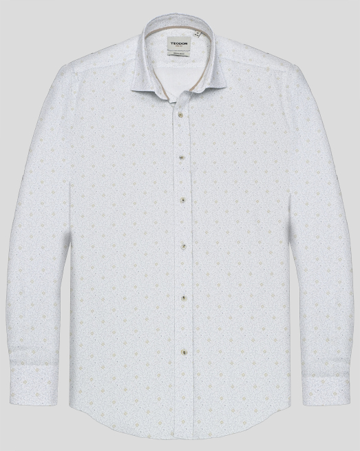 'БЯЛА ПАМУЧНА РИЗА С ЕФЕКТЕН КОНТРАСТЕН ПРИНТ 