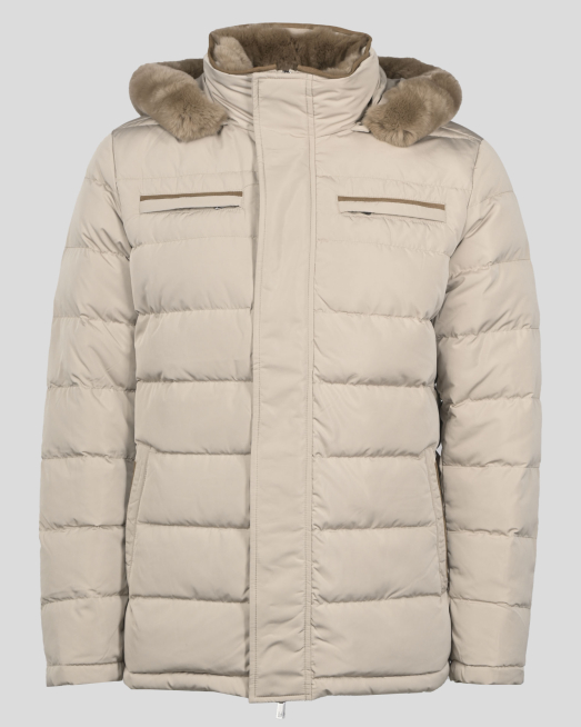 ' БЕЖОВО ЯКЕ С ПОДВИЖНА КАЧУЛКА ОТ ЕСТЕСТВЕН ПУХ И КОНТРАСТНИ ДЕТАЙЛИ 